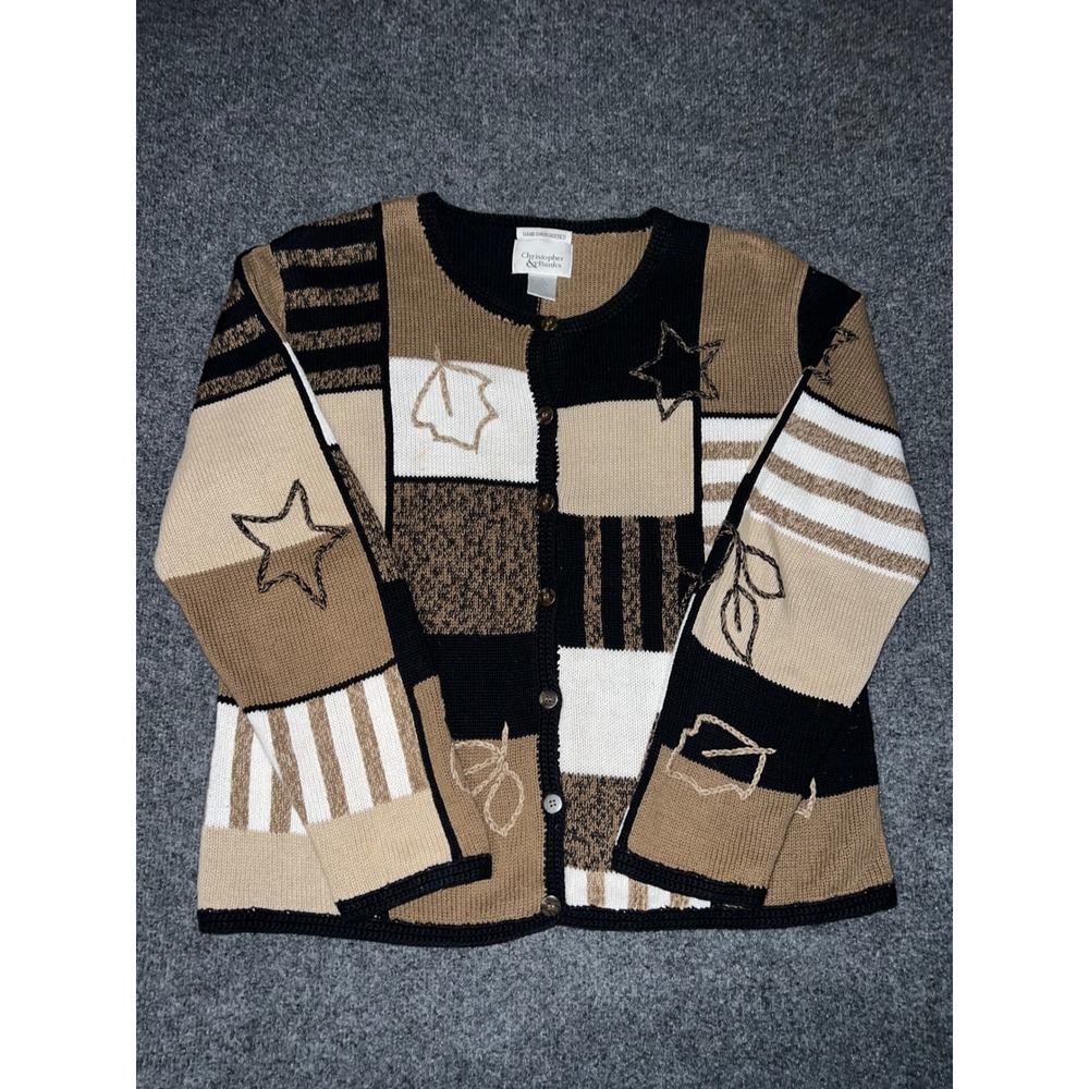 Christopher & Banks Vintage 90s Patchwork Cardigan Sweater Large Brown Black